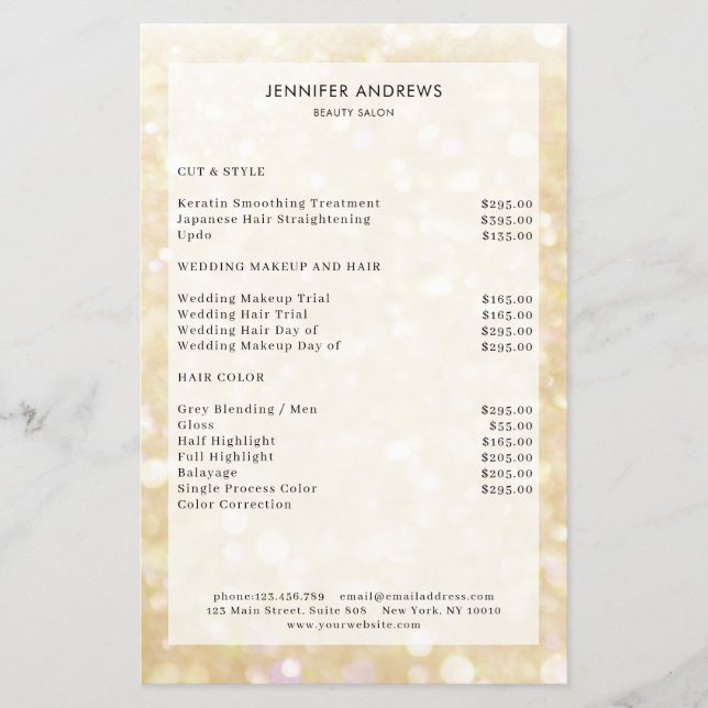 Modern Gold Glitter Salon Price List  Flyer (Front)