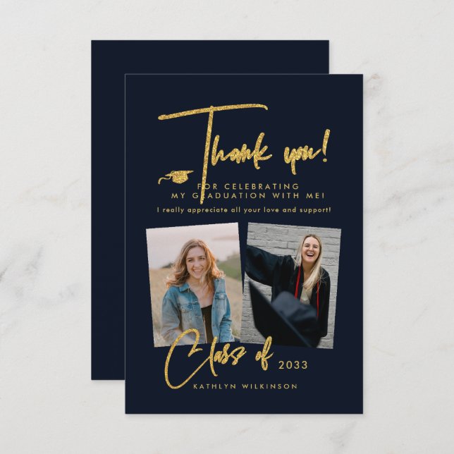 Modern Gold Glitter Script Blue Photo Graduation Thank You Card (Front/Back)