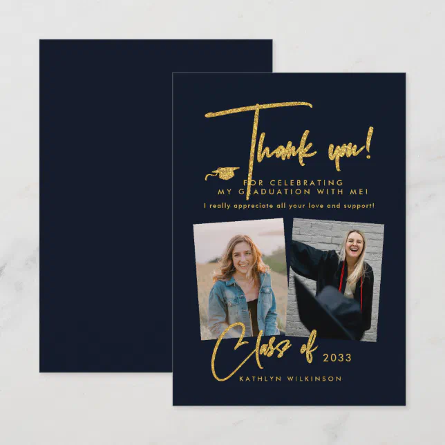 Modern Gold Glitter Script Blue Photo Graduation Thank You Card | Zazzle