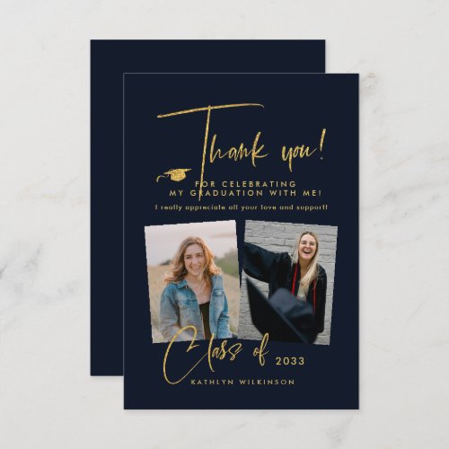 Modern Gold Glitter Script Blue Photo Graduation Thank You Card