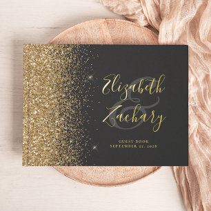 Modern Gold Glitter Script Dark Foil Guest Book