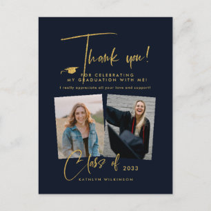 Modern Gold Glitter Script Graduation Thank You Postcard