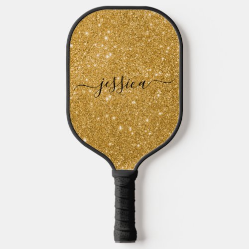 Modern gold glitter script name pickleball paddle