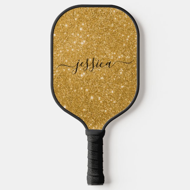 Modern gold glitter script name pickleball paddle (Front)