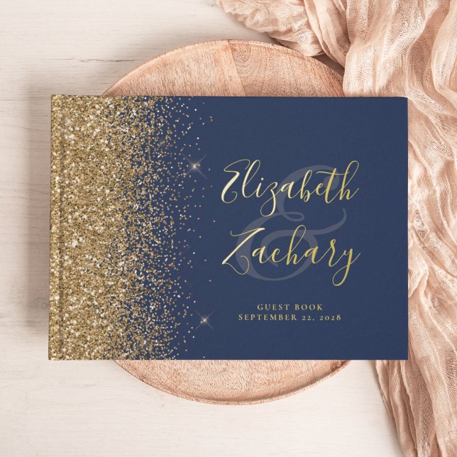 Modern Gold Glitter Script Navy Blue Foil Guest Book (Creator Uploaded)