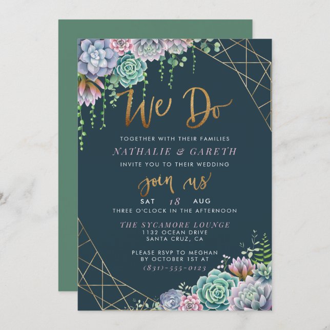 Modern Gold Glitter Script & Succulents Wedding Invitation (Front/Back)