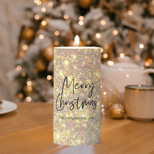Modern Gold Glitter Spark   Merry Christmas Pillar Candle