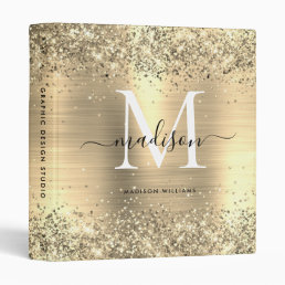 Modern Gold Glitter Sparkle Brushed Metal Monogram 3 Ring Binder