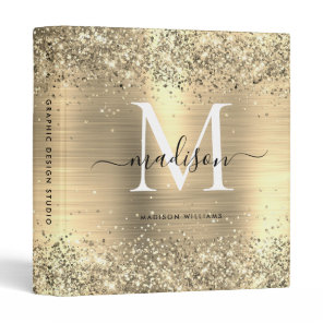 Modern Gold Glitter Sparkle Brushed Metal Monogram 3 Ring Binder