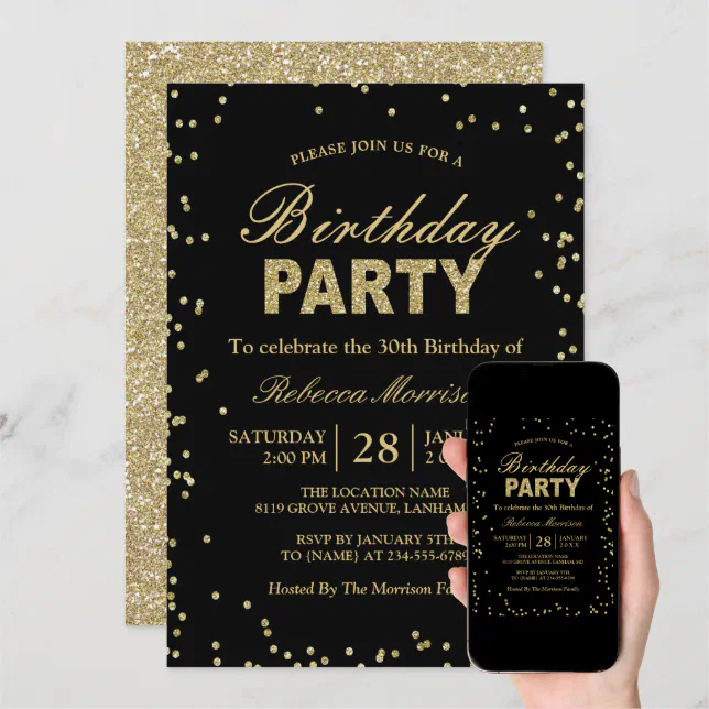 Modern Gold Glitter Sparkles Birthday Party Invitation | Zazzle