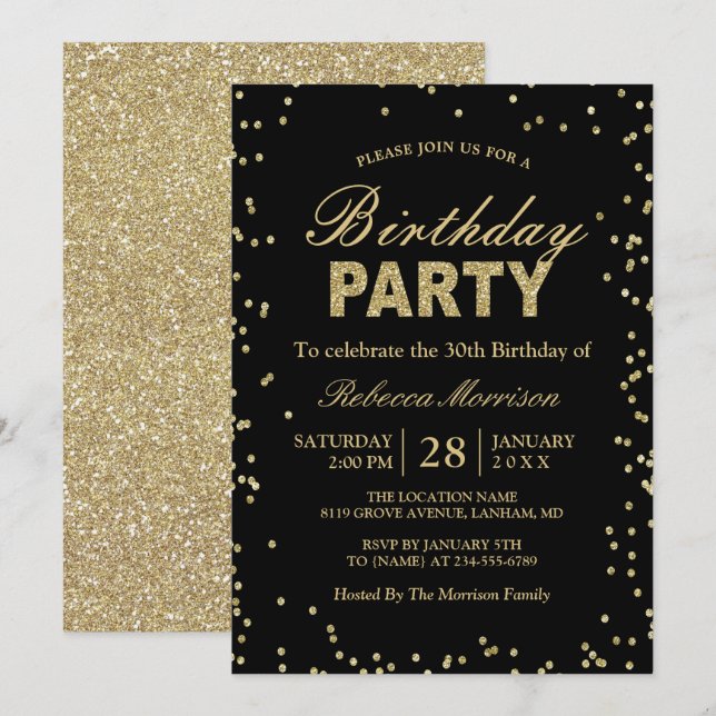 Modern Gold Glitter Sparkles Birthday Party Invitation (Front/Back)