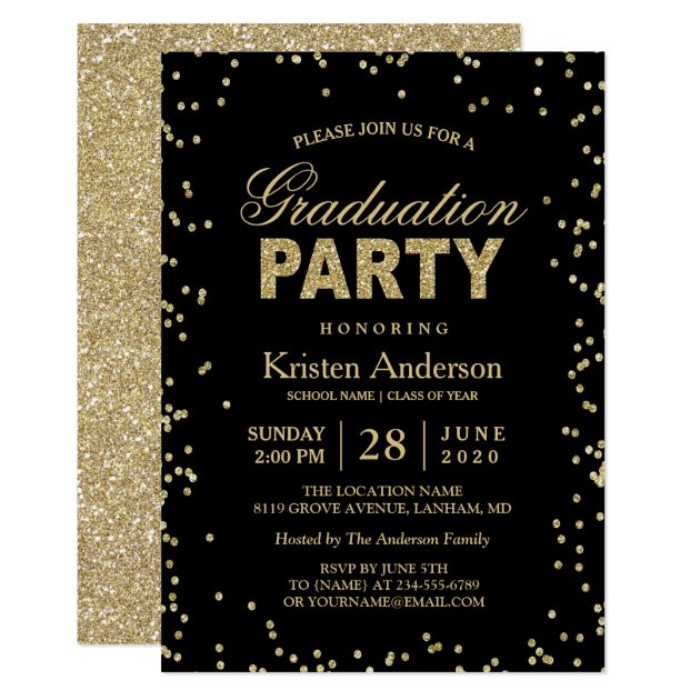 Modern Gold Glitter Sparkles Graduation Party Card (front side)