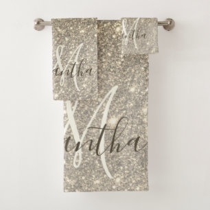 Modern Gold Glitter Sparkles Personalized Name Bath Towel Set