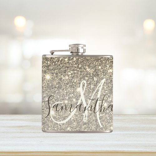 Modern Gold Glitter Sparkles Personalized Name Flask