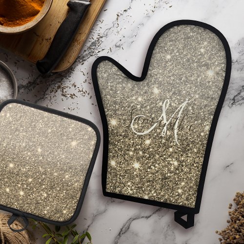 Modern Gold Glitter Sparkles Personalized Name Oven Mitt  Pot Holder Set