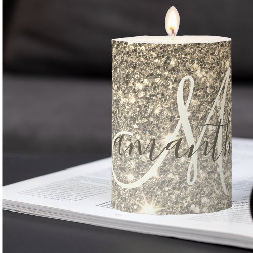 Modern Gold Glitter Sparkles Personalized Name Pillar Candle