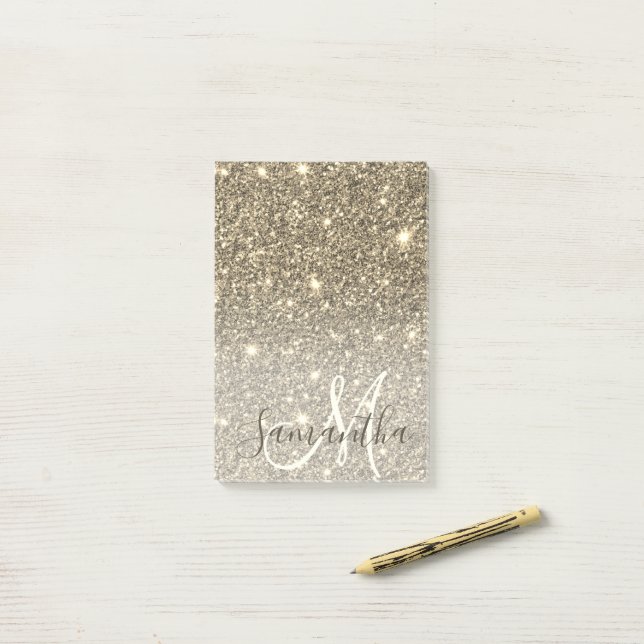 Modern Gold Glitter Sparkles Personalized Name Post-it Notes (On Desk)