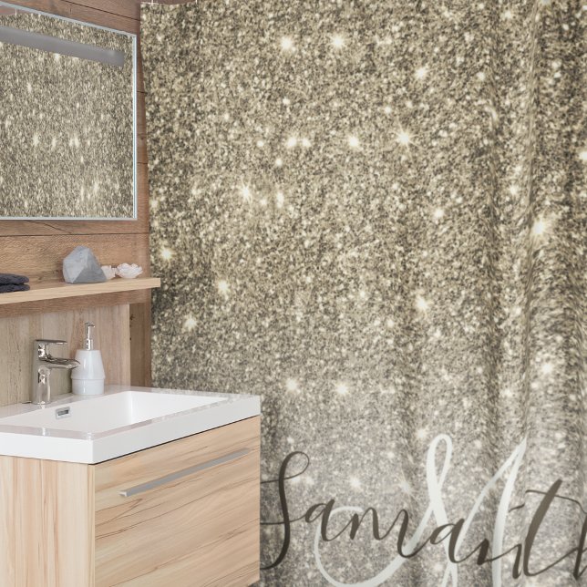 Modern Gold Glitter Sparkles Personalized Name Shower Curtain (Creator Uploaded)