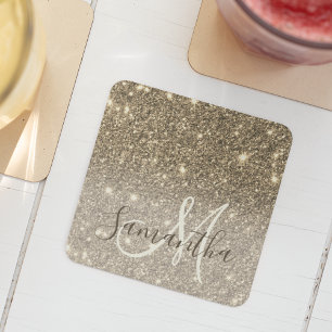 Modern Gold Glitter Sparkles Personalized Name Square Paper Coaster