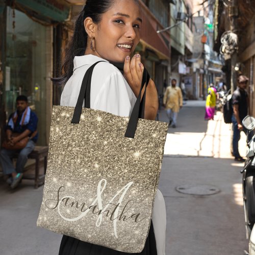 Modern Gold Glitter Sparkles Personalized Name Tote Bag