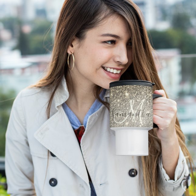 Modern Gold Glitter Sparkles Personalized Name Travel Mug (Creator Uploaded)