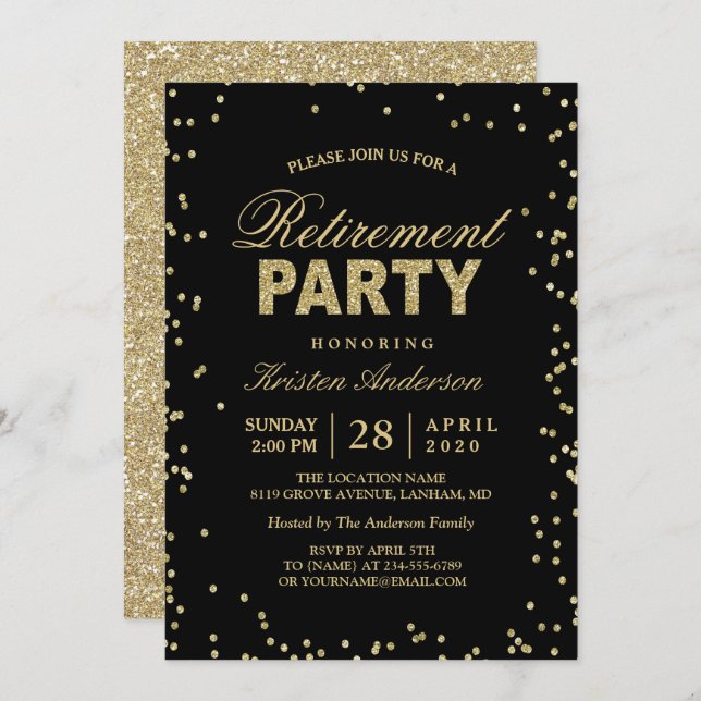 Modern Gold Glitter Sparkles Retirement Party Invitation (Front/Back)