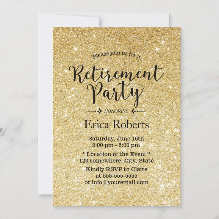 Modern Gold Glitter Sparkles Retirement Party Invitation | Zazzle