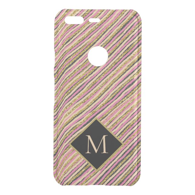 Modern Gold Glitter Stripes Monogram Uncommon Google Pixel Case (Back)