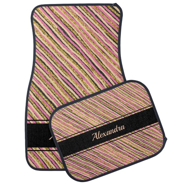 Modern Gold Glitter Stripes Personalized Car Floor Mat (Set)