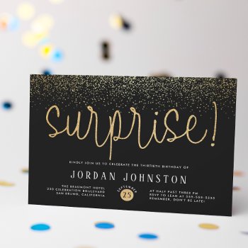 Modern Gold Glitter Surprise Birthday Party Invitation Postcard by Cali_Graphics at Zazzle