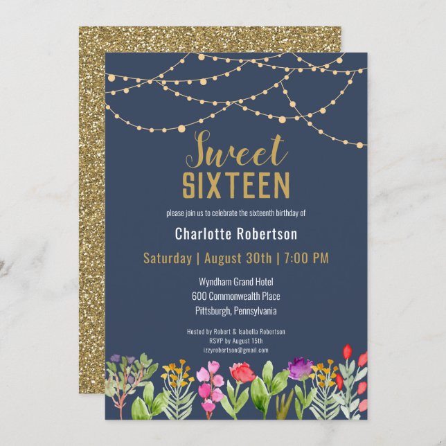 Modern Gold Glitter Sweet 16 Birthday Invitation (Front/Back)