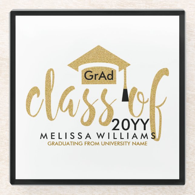 Modern Gold Glitter Text-Class Of 2016 Glass Coaster (Front)