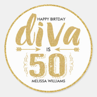 Modern Gold Glitter Text-Diva Is 50 Happy Birthday Classic Round Sticker
