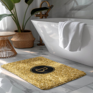 Modern Gold Glitter Texture With Monogram Bathroom Mat