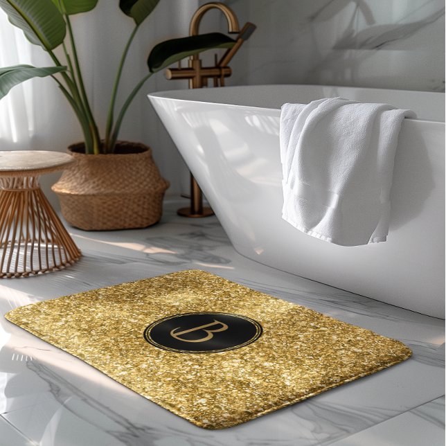 Modern Gold Glitter Texture With Monogram Bathroom Mat (Creator Uploaded)