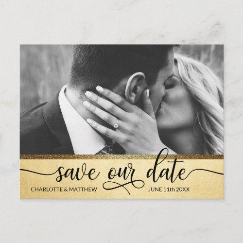 Modern Gold Glitter Wedding SAVE OUR DATE w PHOTO Announcement Postcard