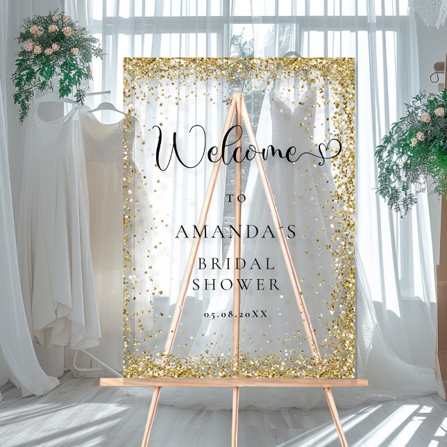 Modern, Gold-Glitter, Welcome Bridal Shower Acrylic Sign (Modern, Gold Glitter Welcome Acrylic Sign with your Name ans Date.)