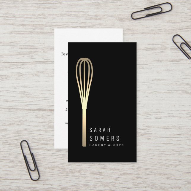 Modern Gold Glitter Whisk Bakery Business Card (Front/Back In Situ)