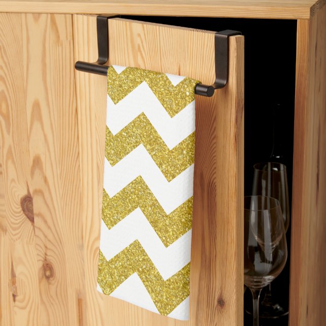 Modern Gold Glitter White Chevron Kitchen Towel (Thirds Fold)