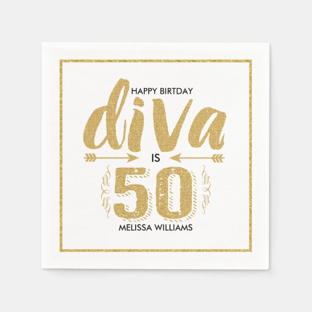 Modern Gold Glitter & White Diva Is 50 happy Paper Napkins (Front)