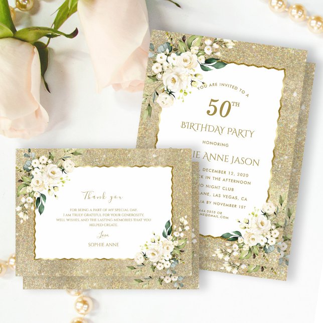 Modern Gold Glitter White Flowers 50th Birthday  Invitation (Creator Uploaded)