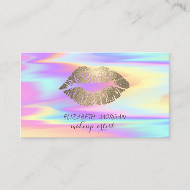 Modern,Gold Glittery Lips,Makeup, Holographic Business Card (Front)