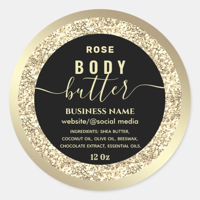 Modern gold glittery  script body butter label (Front)