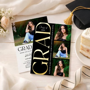 Modern Gold Grad Multi Photo Graduation Party Foil Invitation