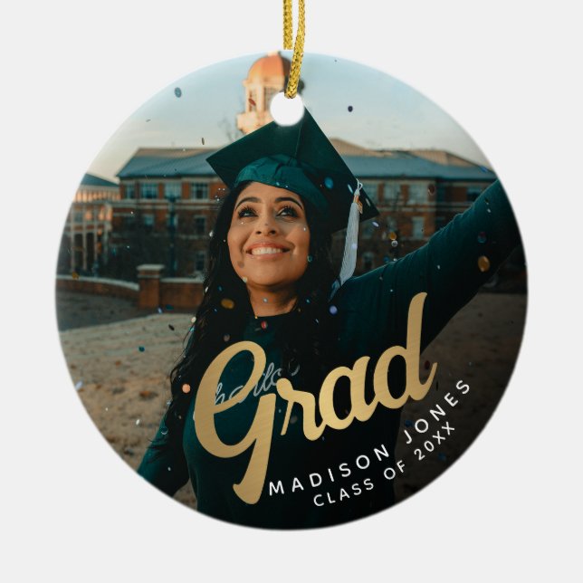 Modern Gold Grad Photo Graduation Ceramic Ornament (Front)