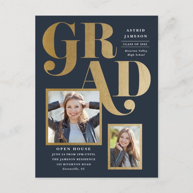 Modern Gold Grad Photo Graduation Invitation Postcard (Front)