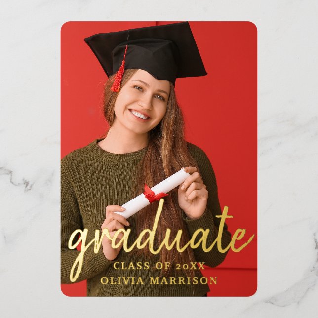 Modern Gold Graduate 2-Photo Collage Graduation  Foil Invitation (Front)