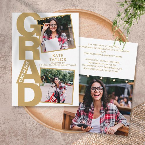 Modern Gold Graduation Party 3 Photo Invitation