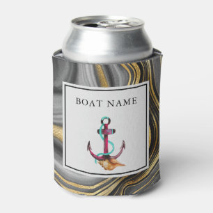 Modern Gold & Gray Agate Geode & Anchor Boat Name Can Cooler