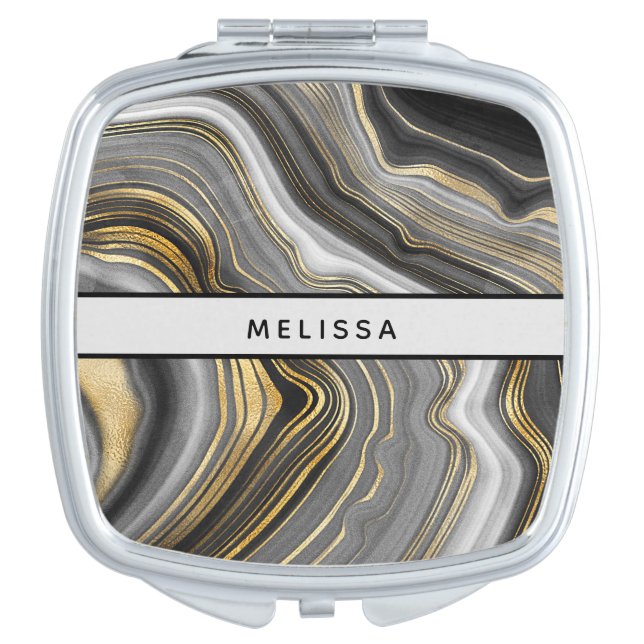 Modern Gold & Gray Agate Geode Compact Mirror (Front)